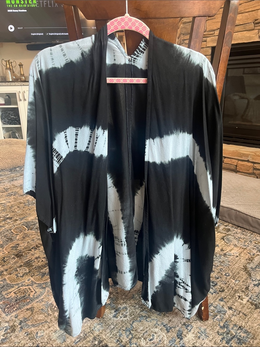 Black and white tie dye kimono cape.  One size fits all